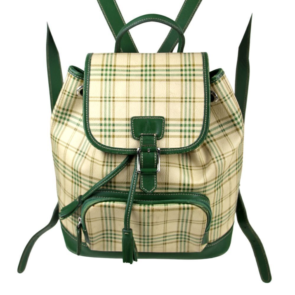 Bean Pole PLAID BEIGE GREEN GENUINE LEATHER FLAP SHOULDER BAG BACKPACK HANDBAG